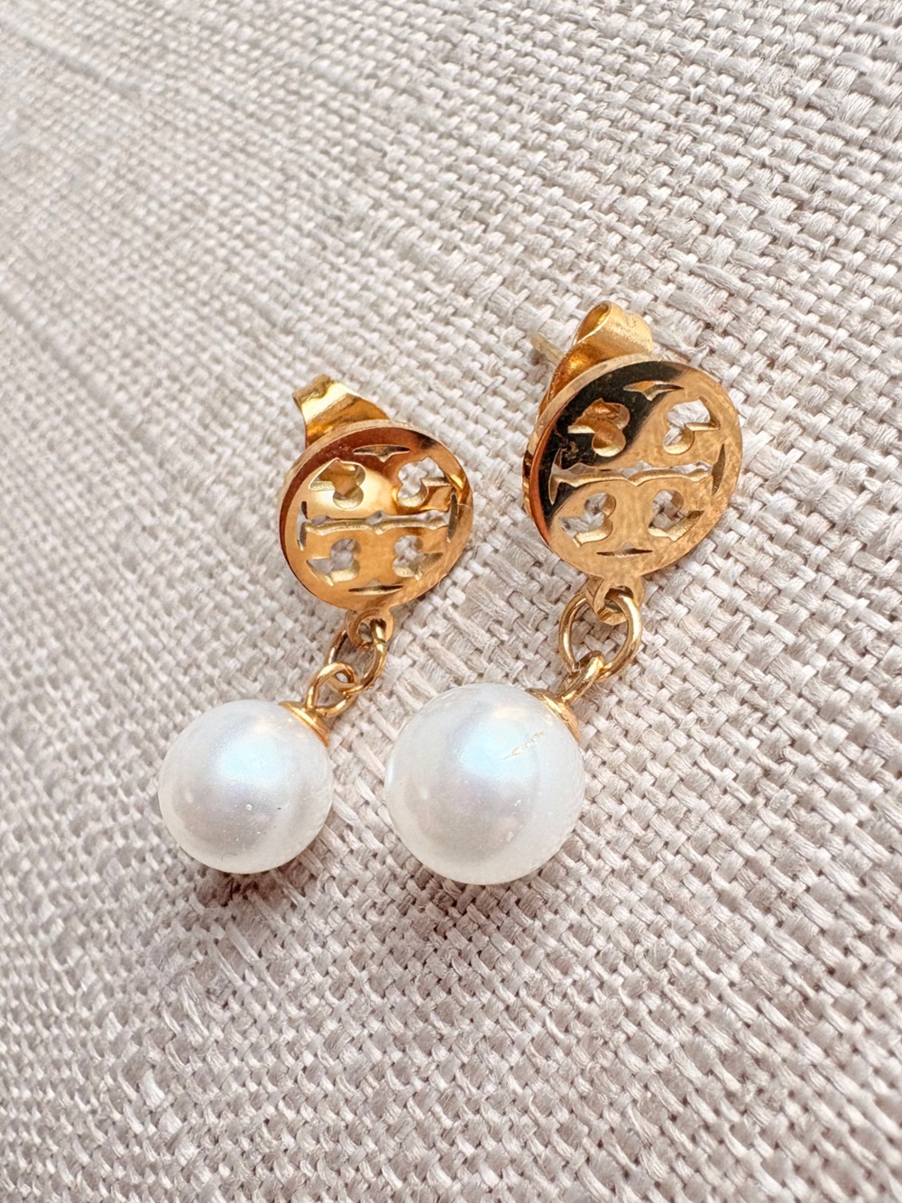 Tory Burch Gold Logo Drop Earrings with White Pearls